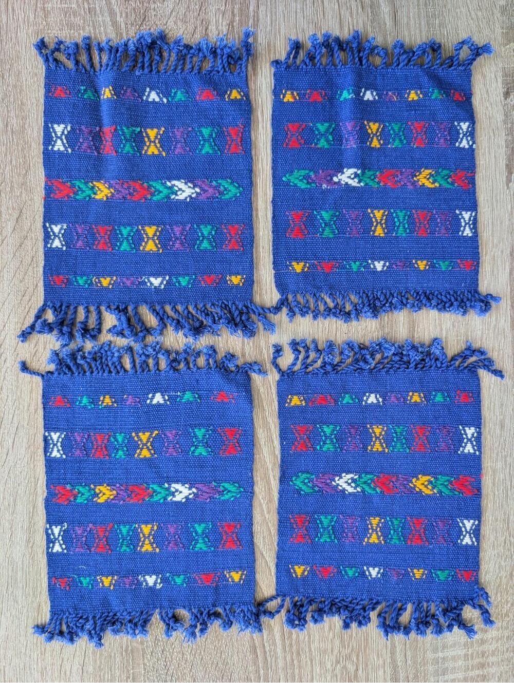 Handwoven Blue Southwestern Mayan Style Mug Rug Coasters Set Of 4 Boho Western